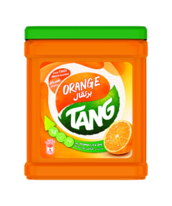 A 2kg container of Tang orange-flavored powdered drink mix with a green lid and an image of a orange on the label.
