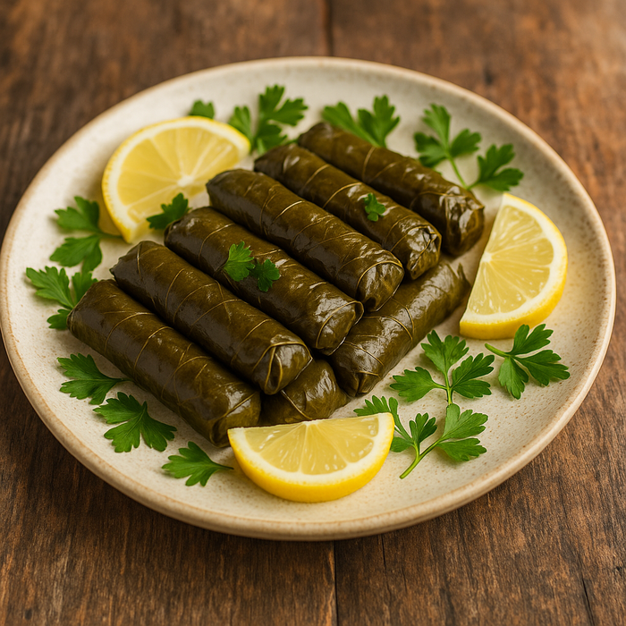 Stuffed vine leaves with lemon wedges and parsley