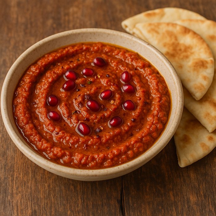 Muhammara dip with pomegranate seeds and pita bread
