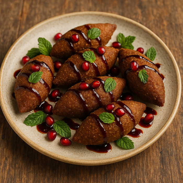 Crispy lamb kibbeh with pomegranate molasses and fresh mint on a ceramic plate