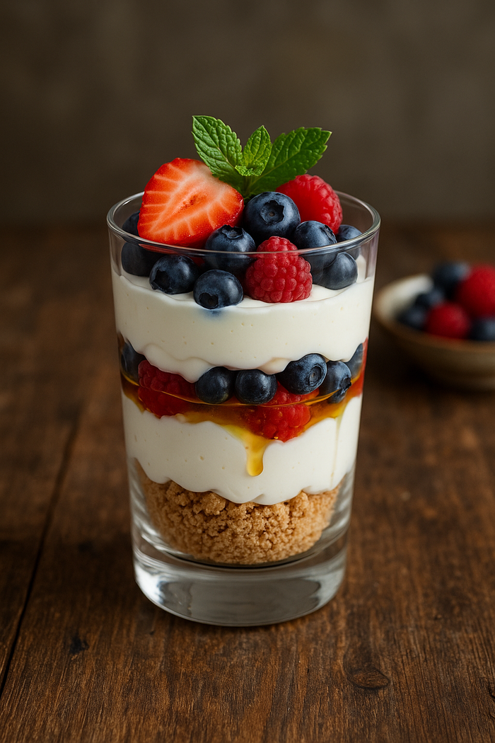 Parfait with layers of biscuits, yogurt, honey, and berries
