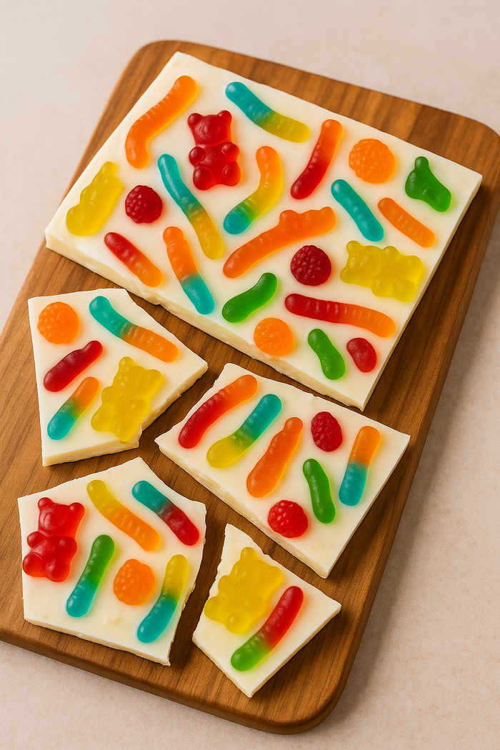 White chocolate bark topped with colourful halal gummy sweets on a wooden board