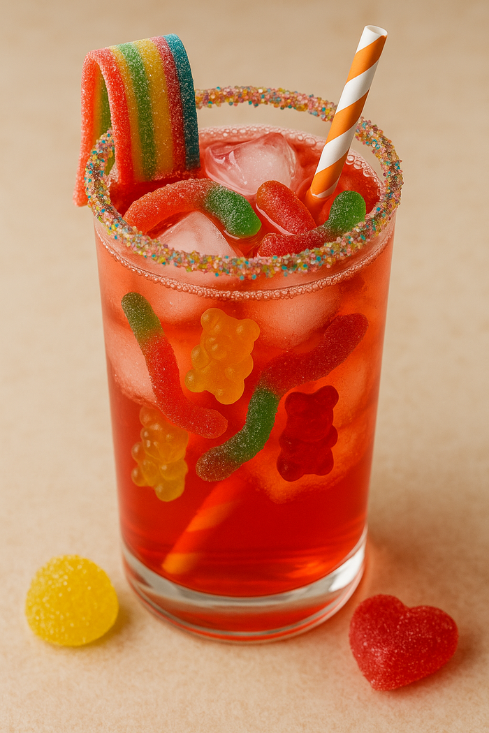 Fizzy mocktail in a glass garnished with colourful halal sweets and citrus slices