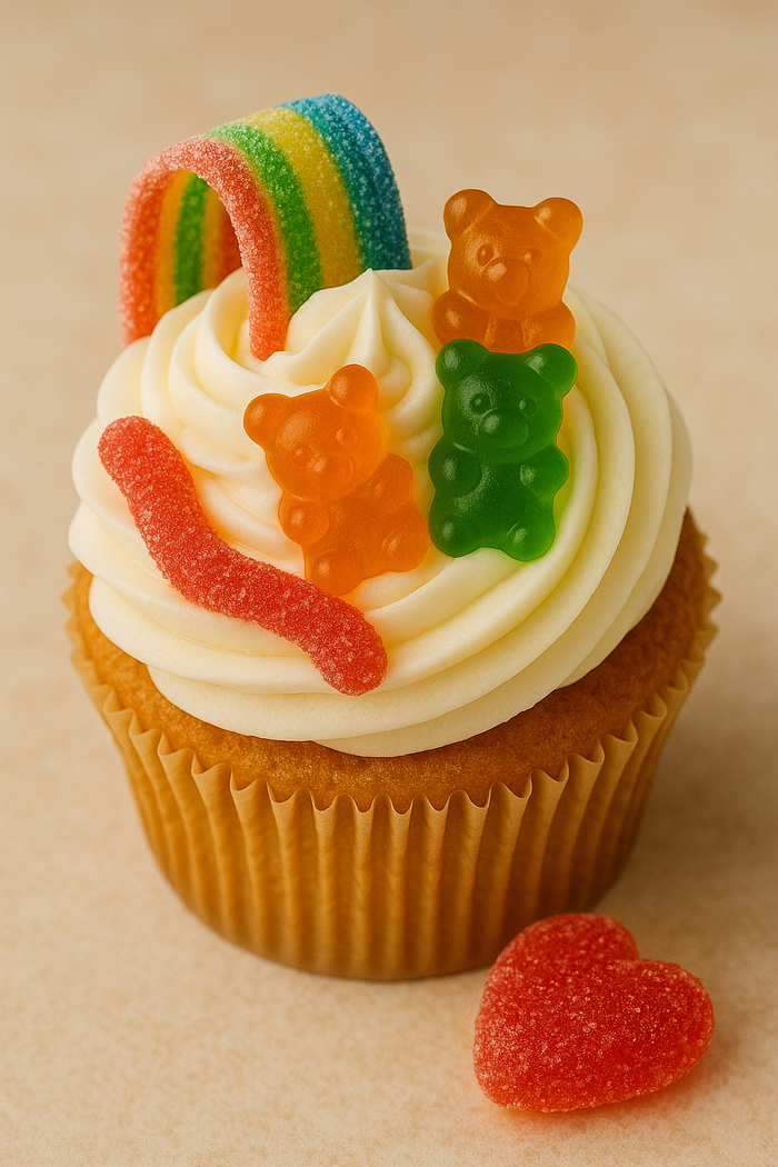 Vanilla cupcakes topped with halal gummy sweets and colourful sprinkles