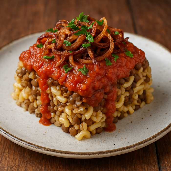 Bowl of koshari topped with crispy onions and spicy tomato sauce served on wooden table