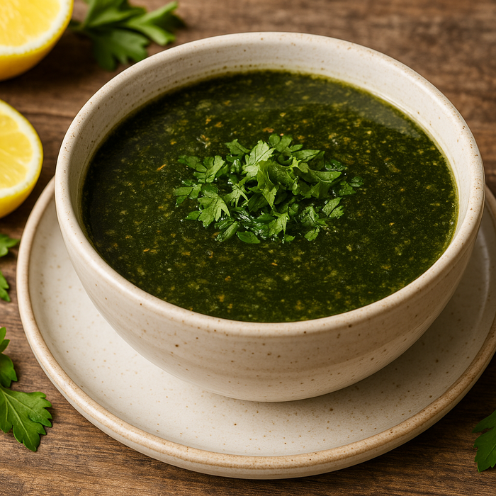Molokhia soup in a clay bowl with flatbread and lemon wedge on the side