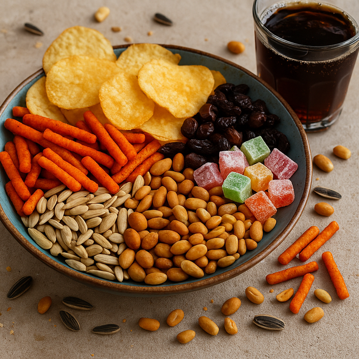 A colourful bowl of mixed Middle Eastern snacks including chips, nuts, and dried fruits with a soft drink on the side