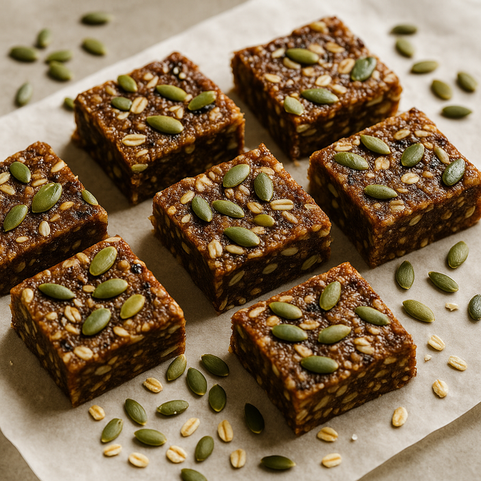 no-bake energy bars made with dates, pumpkin seeds, and oats, sliced into squares and arranged on parchment paper. Scattered seeds around. Soft lighting,