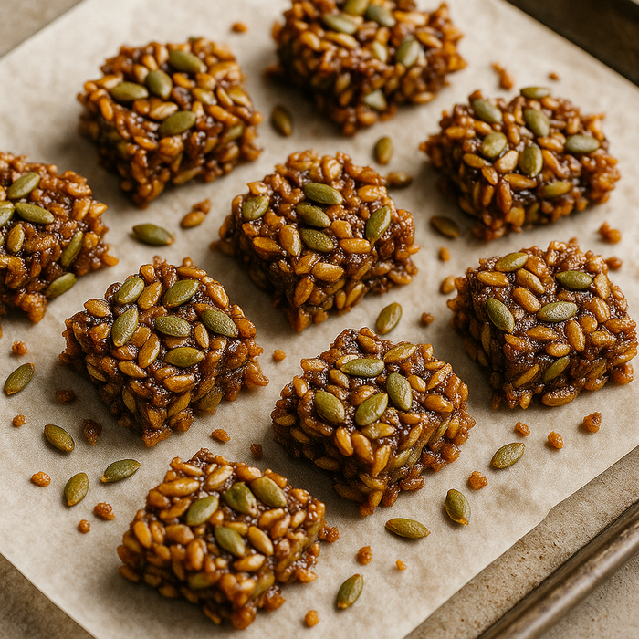 golden seed clusters baked with molasses, scattered on a parchment-lined tray. Glossy finish with visible sunflower and melon seeds.