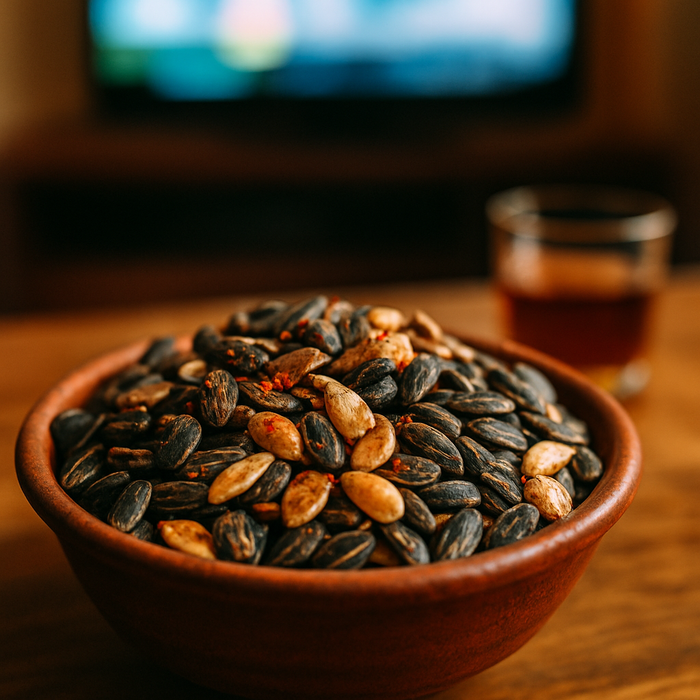 image of a colourful bowl filled with roasted Egyptian seeds (black melon, pumpkin, sunflower), lightly dusted with red spices like sumac or chilli powder, placed on a coffee table in front of a TV screen. Natural warm lighting