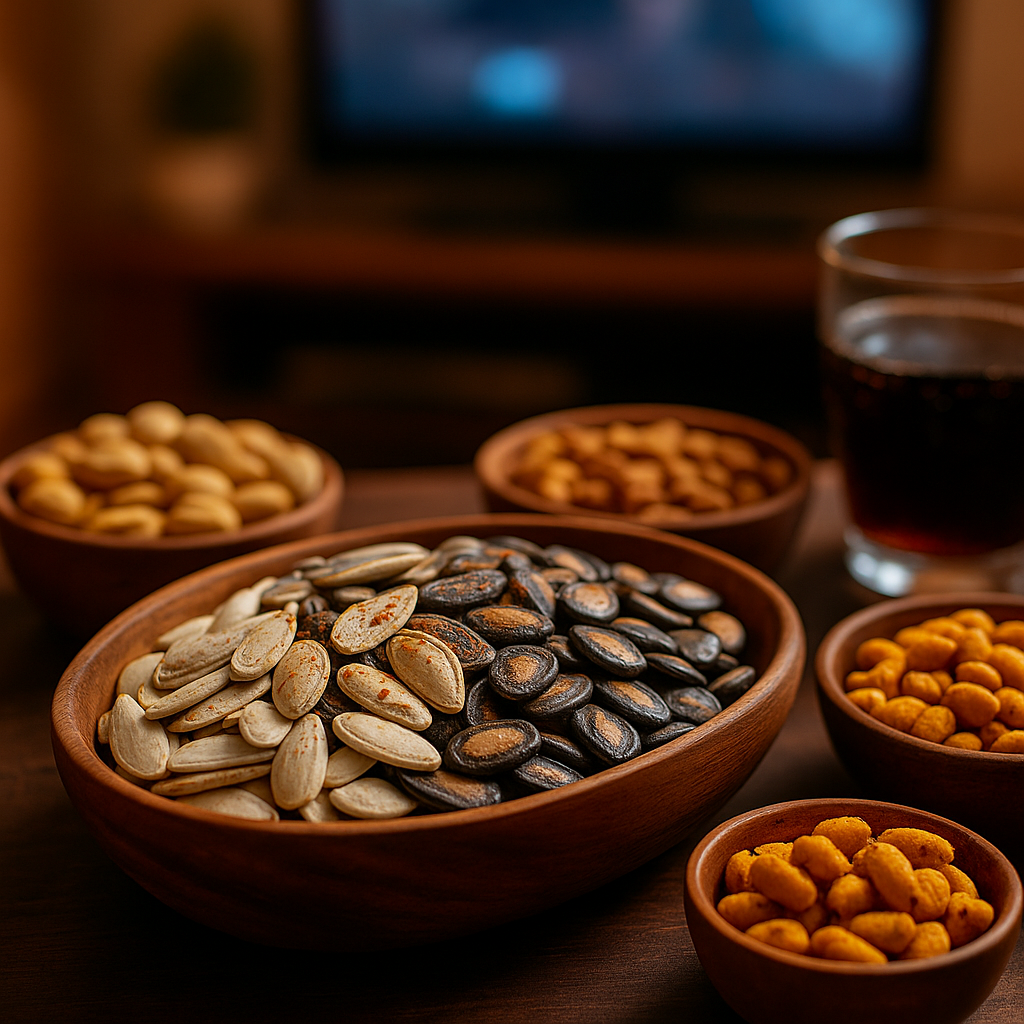 A colourful assortment of roasted Egyptian seeds, including black melon, pumpkin, and sunflower seeds, displayed in a rustic ceramic bowl on a table with warm lighting and no packaging visible.