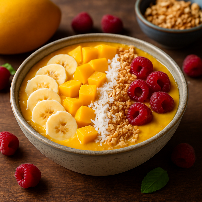 Mango smoothie bowl with fruit toppings and coconut flakes
