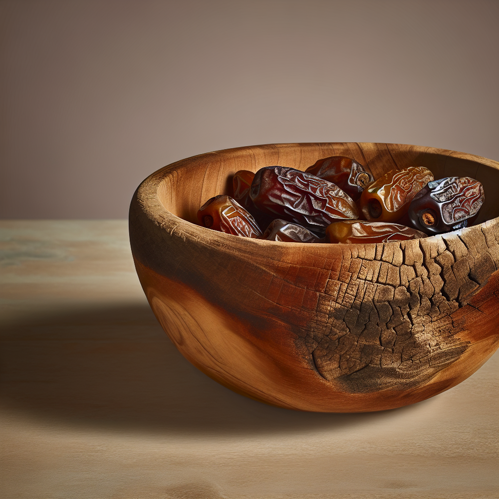 A rustic bowl filled with rich brown dried dates, highlighting their glossy texture and natural colour in soft lighting