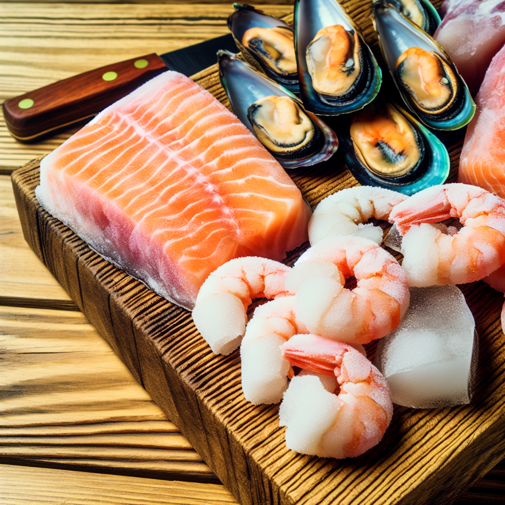 A photo of a range of different frozen seafood