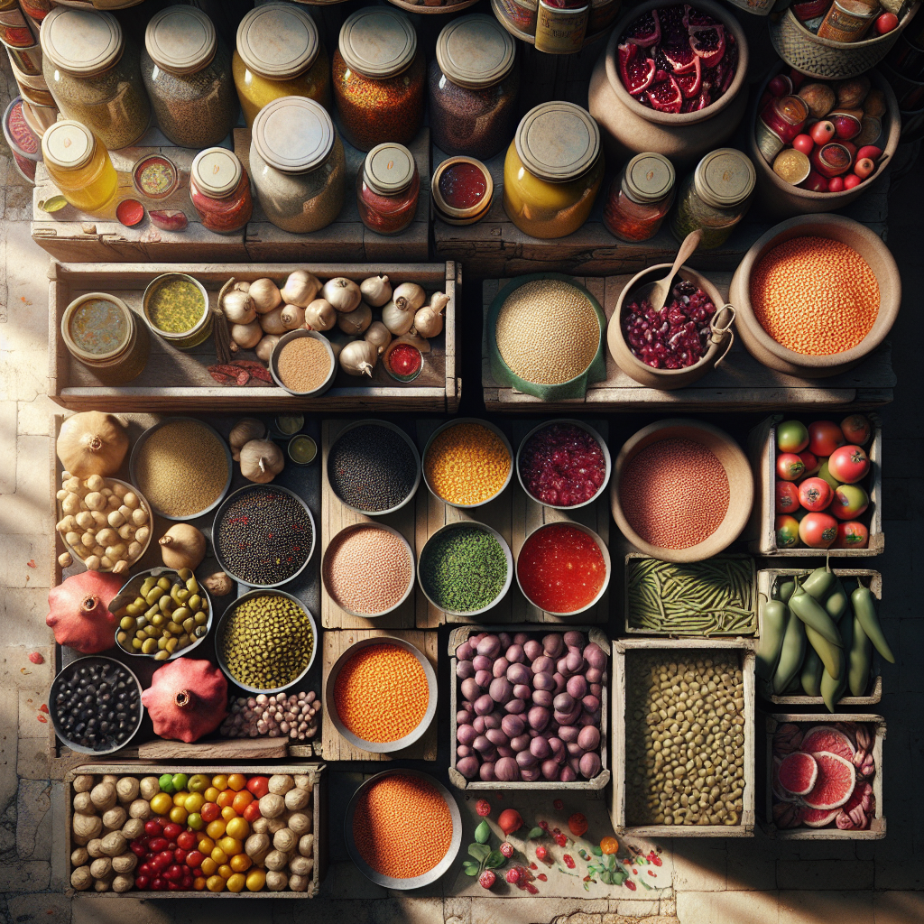 Syrian grocery spices, grains, and preserves arranged on wooden shelves in warm, natural light