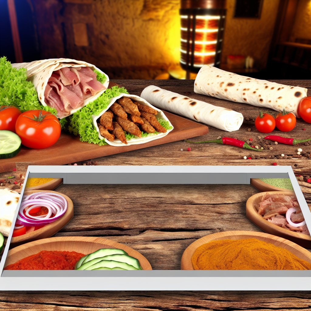 Shawarma ingredients including marinated meats, fresh vegetables, flatbreads and Middle Eastern spices arranged on a rustic wooden table