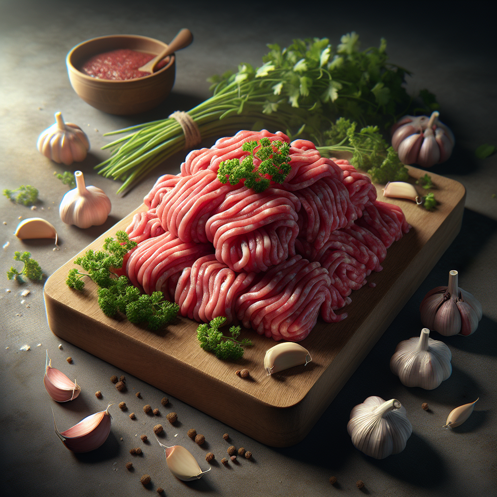 Fresh halal minced meat on a wooden board with herbs and garlic, showing rich red colour and fine texture