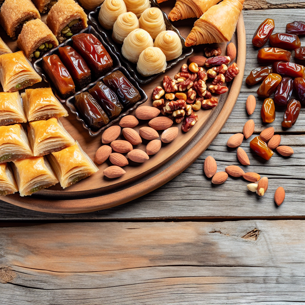 Assorted Middle Eastern snacks like baklava, maamoul, nuts and dates on a wooden table with warm natural lighting