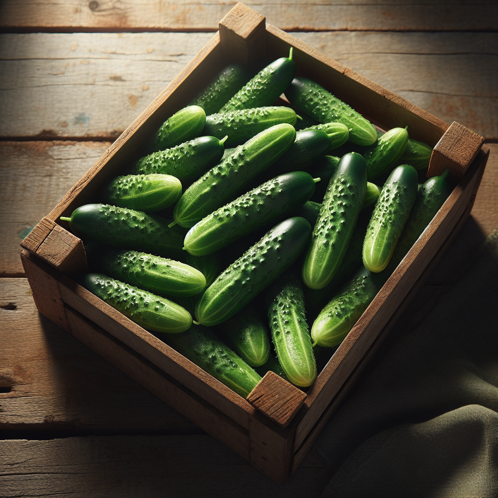 Fresh baby cucumbers with vibrant green colour and crisp skin displayed in a rustic wooden crate