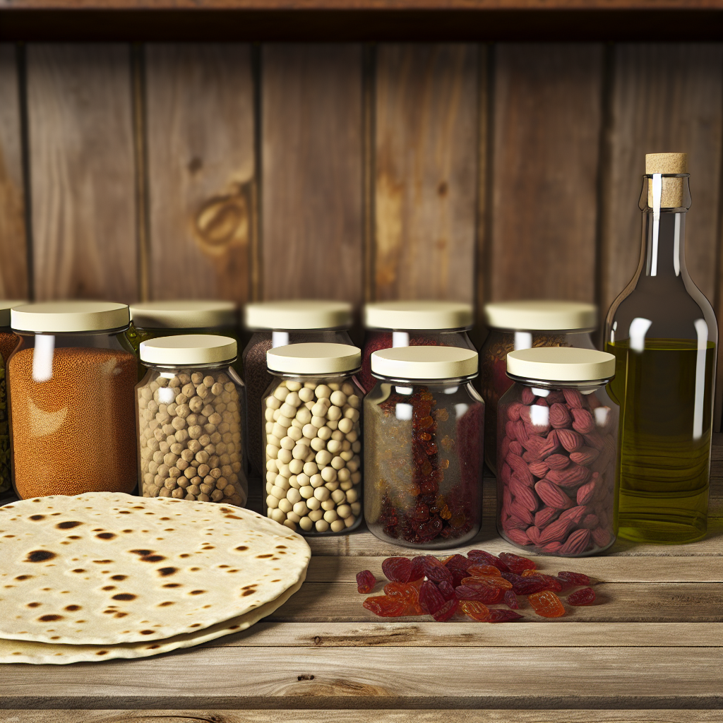 A rustic kitchen counter displaying Middle Eastern spices, pulses, dried fruits, olive oil, and flatbreads in warm natural light