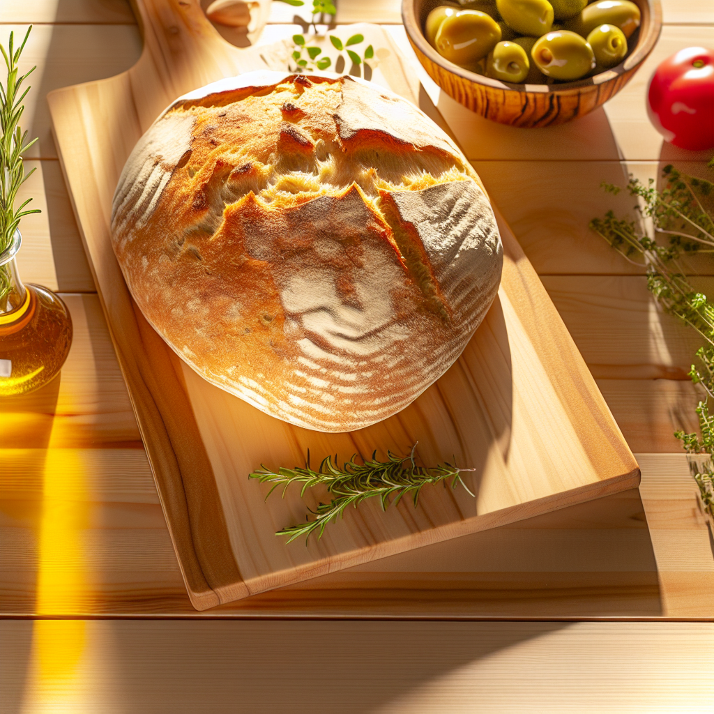 Traditional Turkish bread loaf on wooden board with olives, herbs, and olive oil in warm natural lighting