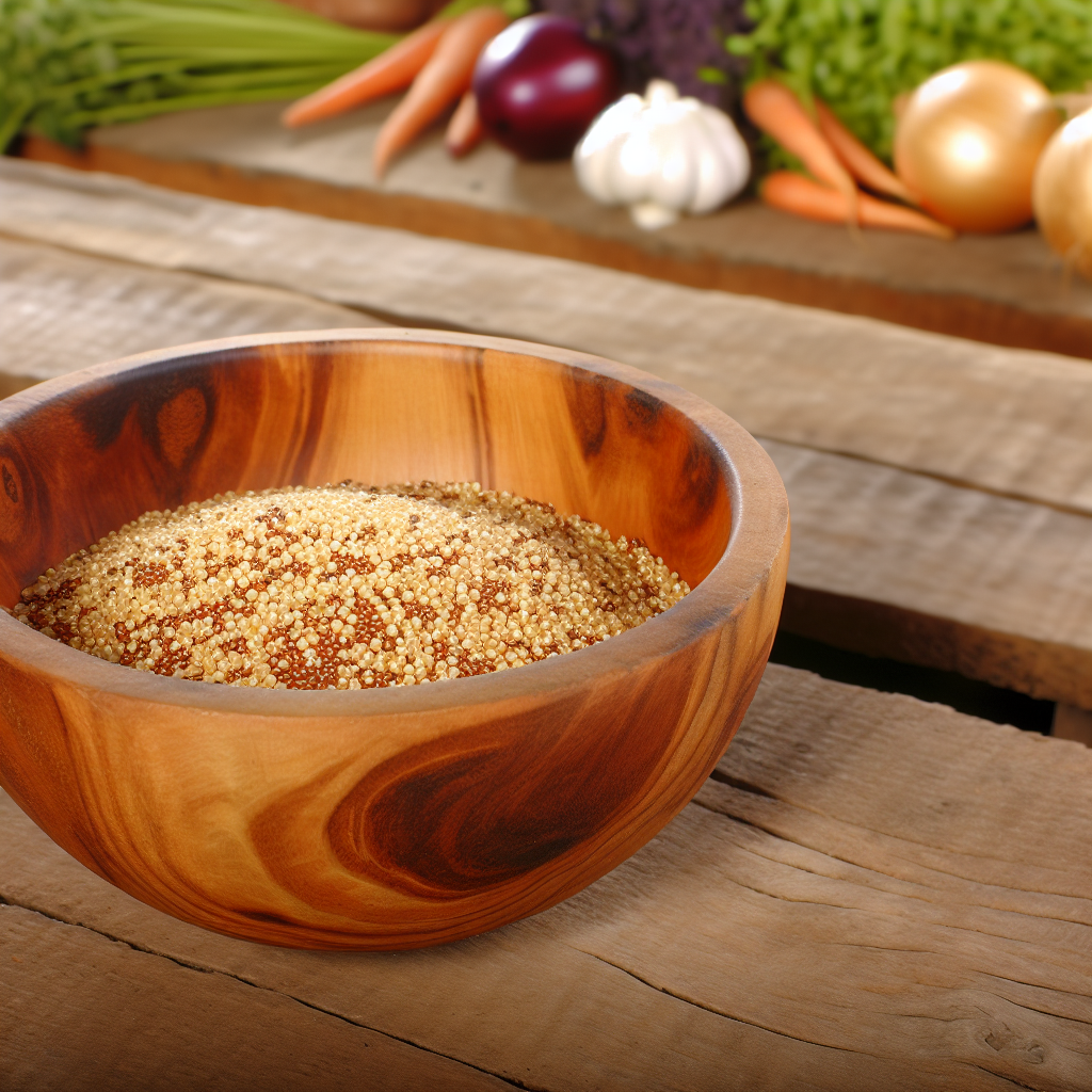 Cooked quinoa in a rustic bowl with fresh vegetables and herbs, showcasing its texture and colour in natural lighting