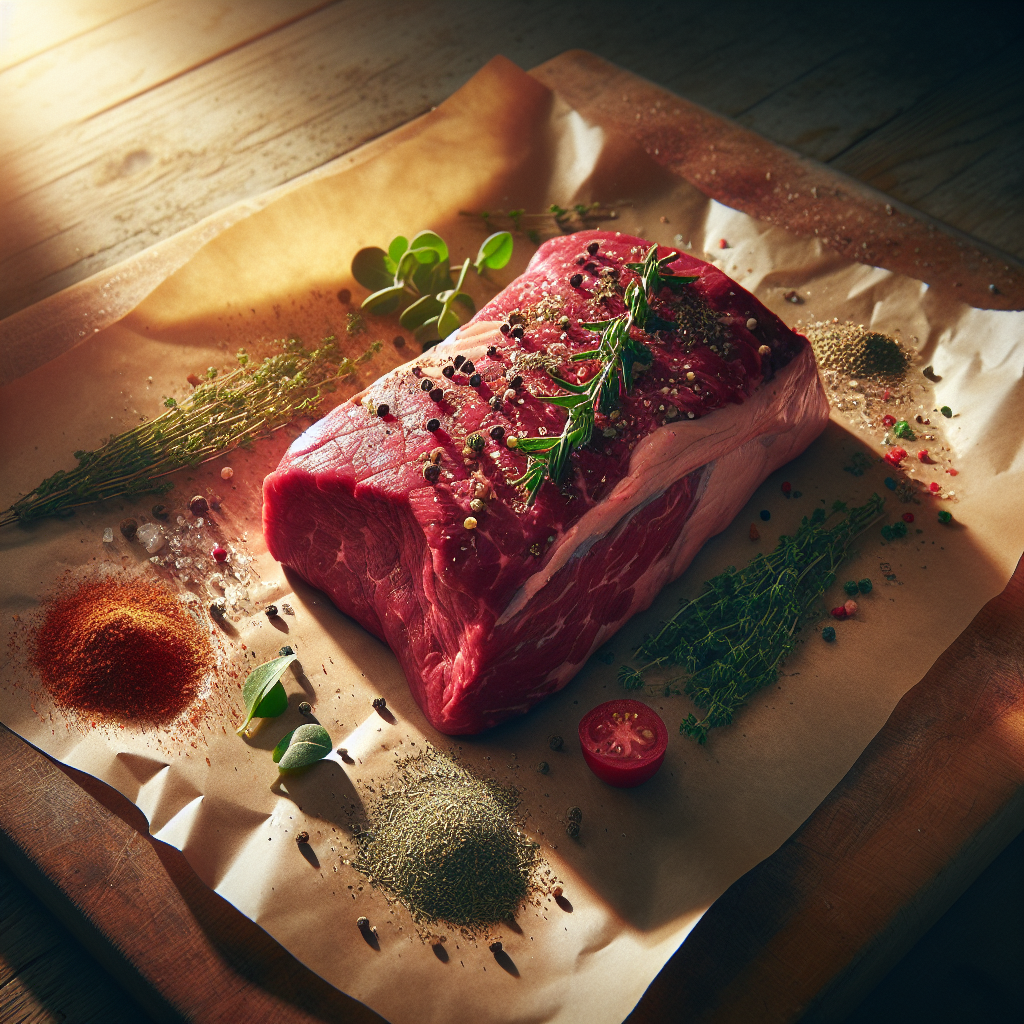 Fresh halal beef topside joint on butcher paper with herbs, showcasing rich red colour and marbling