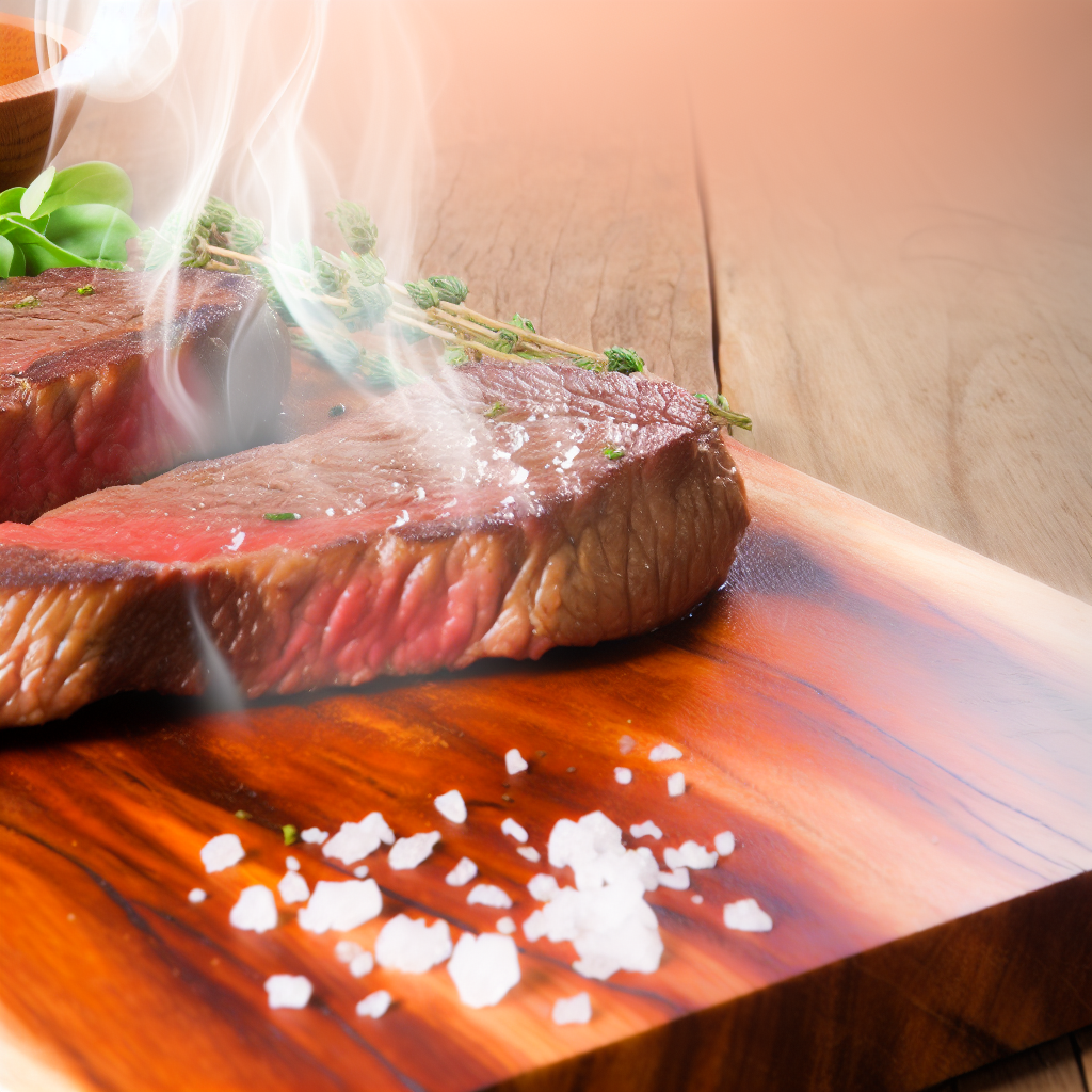 Cooked halal steaks on a wooden table