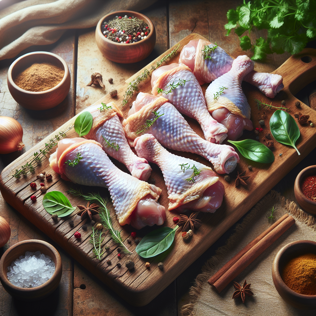 Raw halal chicken drumsticks with herbs and spices on a rustic wooden board in natural light