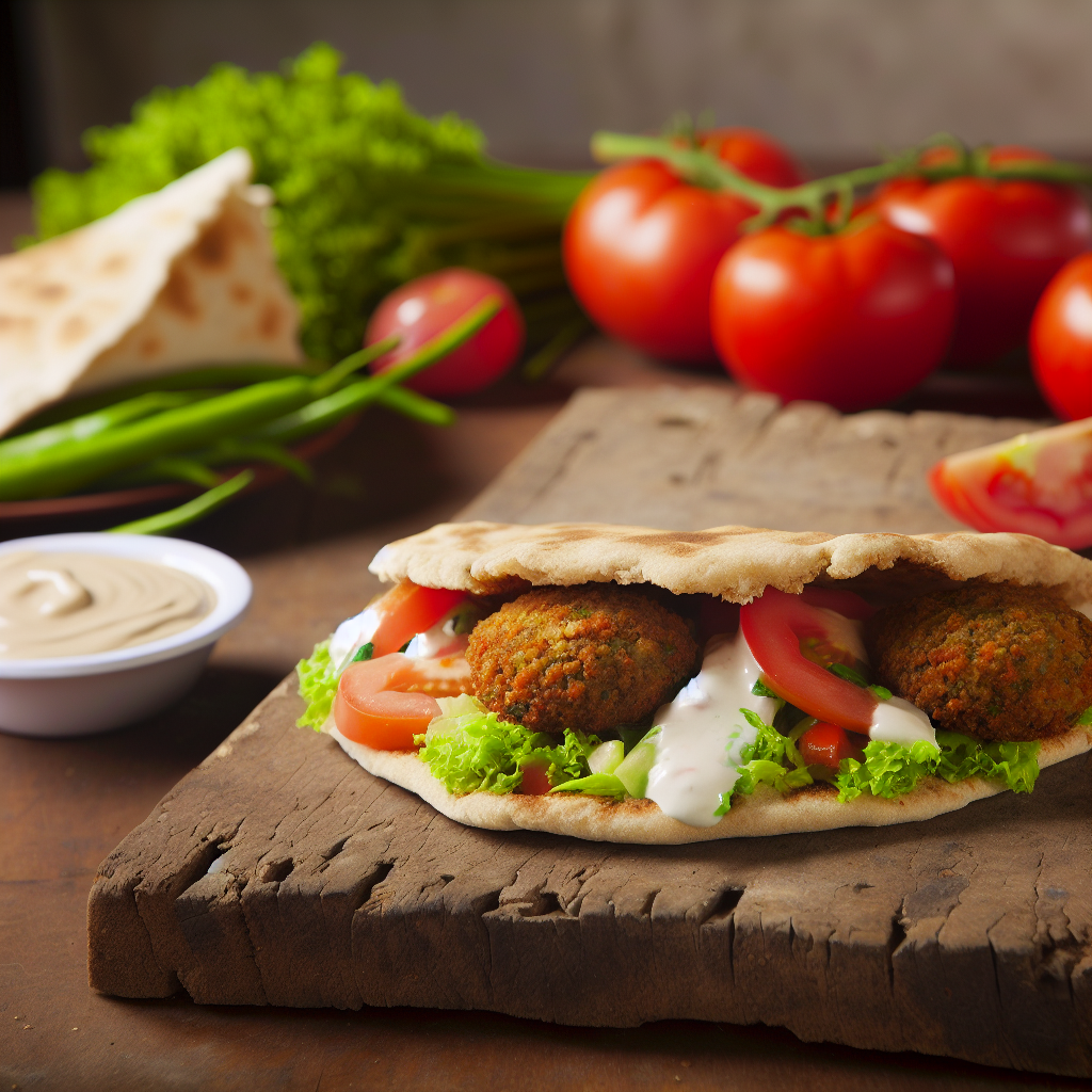 Falafel sandwich with crisp salad, creamy tahini, and soft pita bread on rustic wooden background