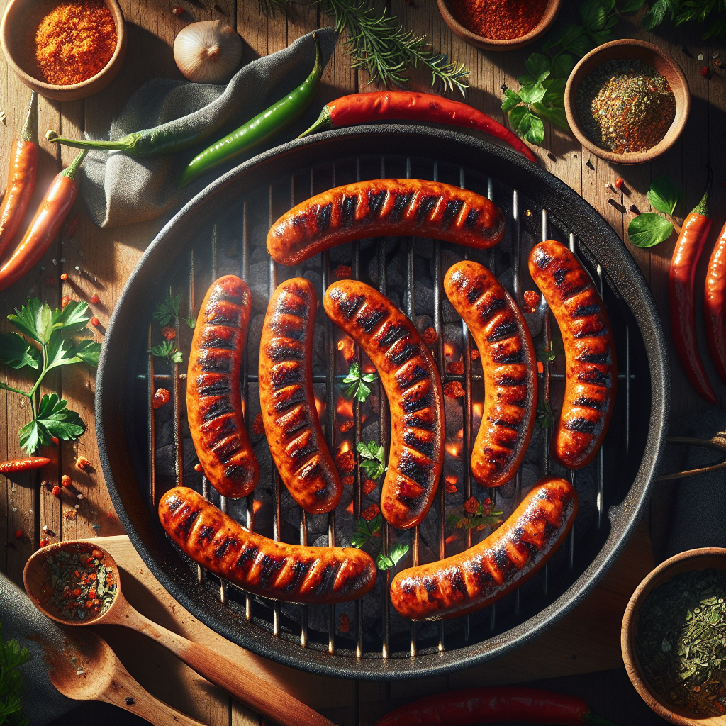 Grilled Merguez sausages with vibrant spices and herbs, shown in rich natural colour and texture on a rustic surface