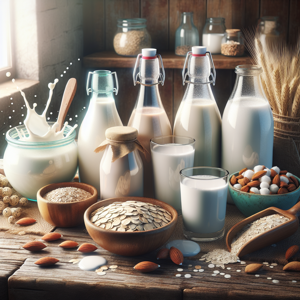 A variety of milk substitutes including oat, almond, soy, and coconut milk on a rustic wooden counter