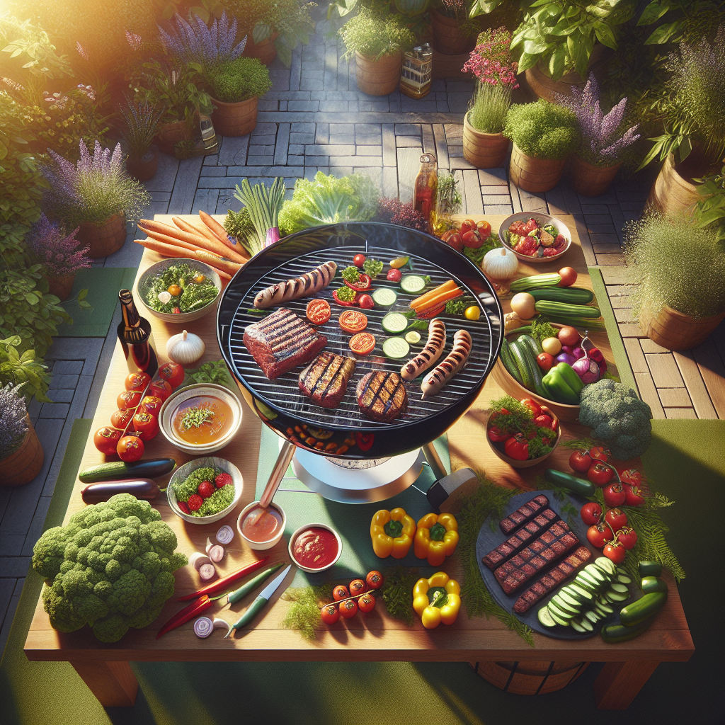 Outdoor BBQ grill with assorted halal meats and colourful vegetables cooking over open flames