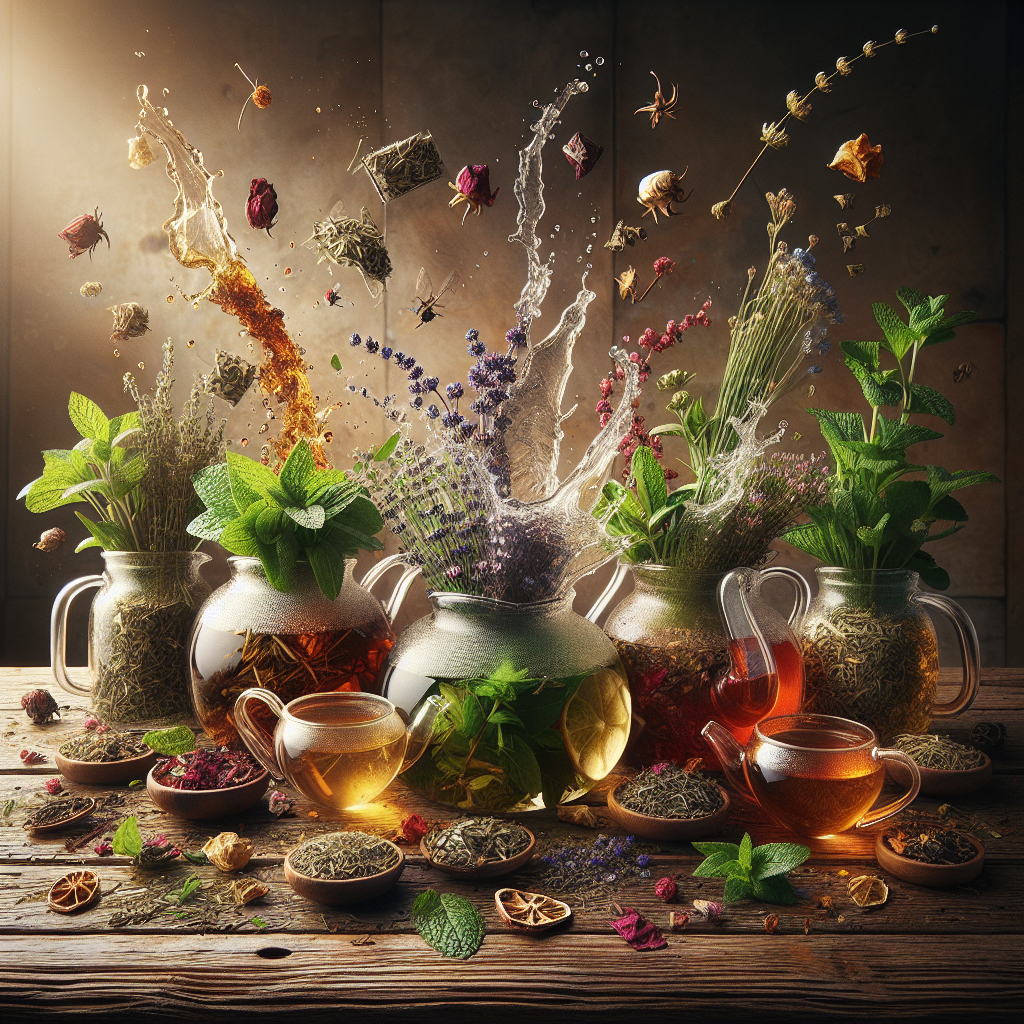 A rustic tea setup featuring herbal tea blends, loose herbs, and teapots in warm natural light highlighting the colour and flavour