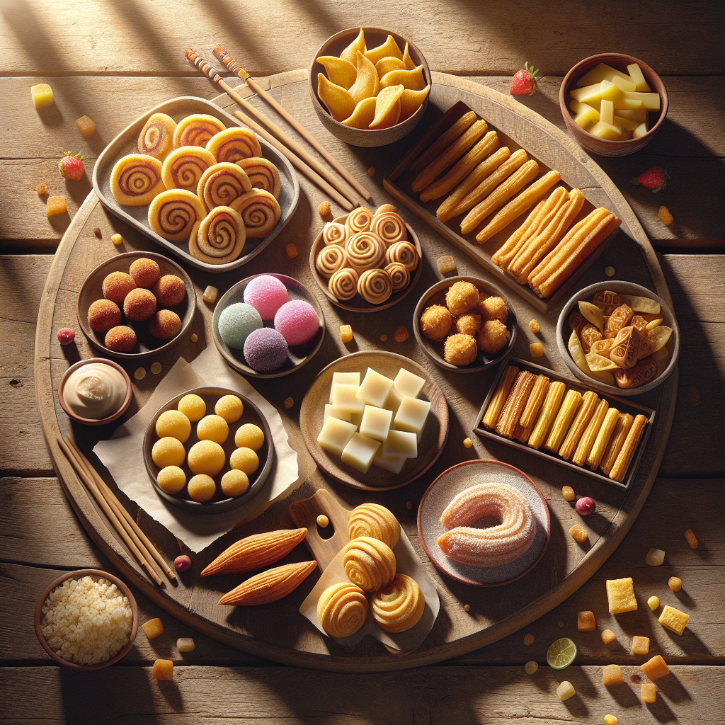 Assorted cultural snacks including baklava, samosas, and mochi arranged on wooden boards with vibrant colours and textures