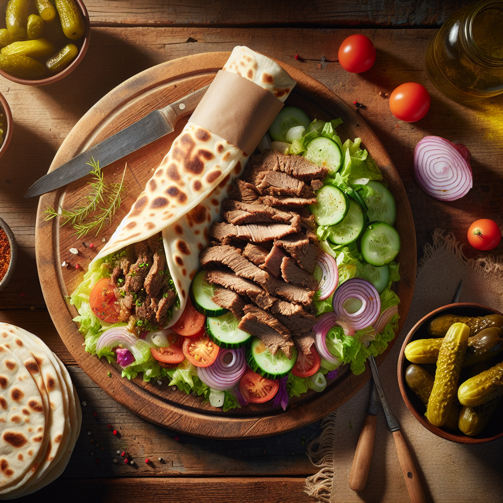 Sliced beef shawarma with rich spices, served alongside flatbreads, pickled vegetables, and colourful salad garnishes