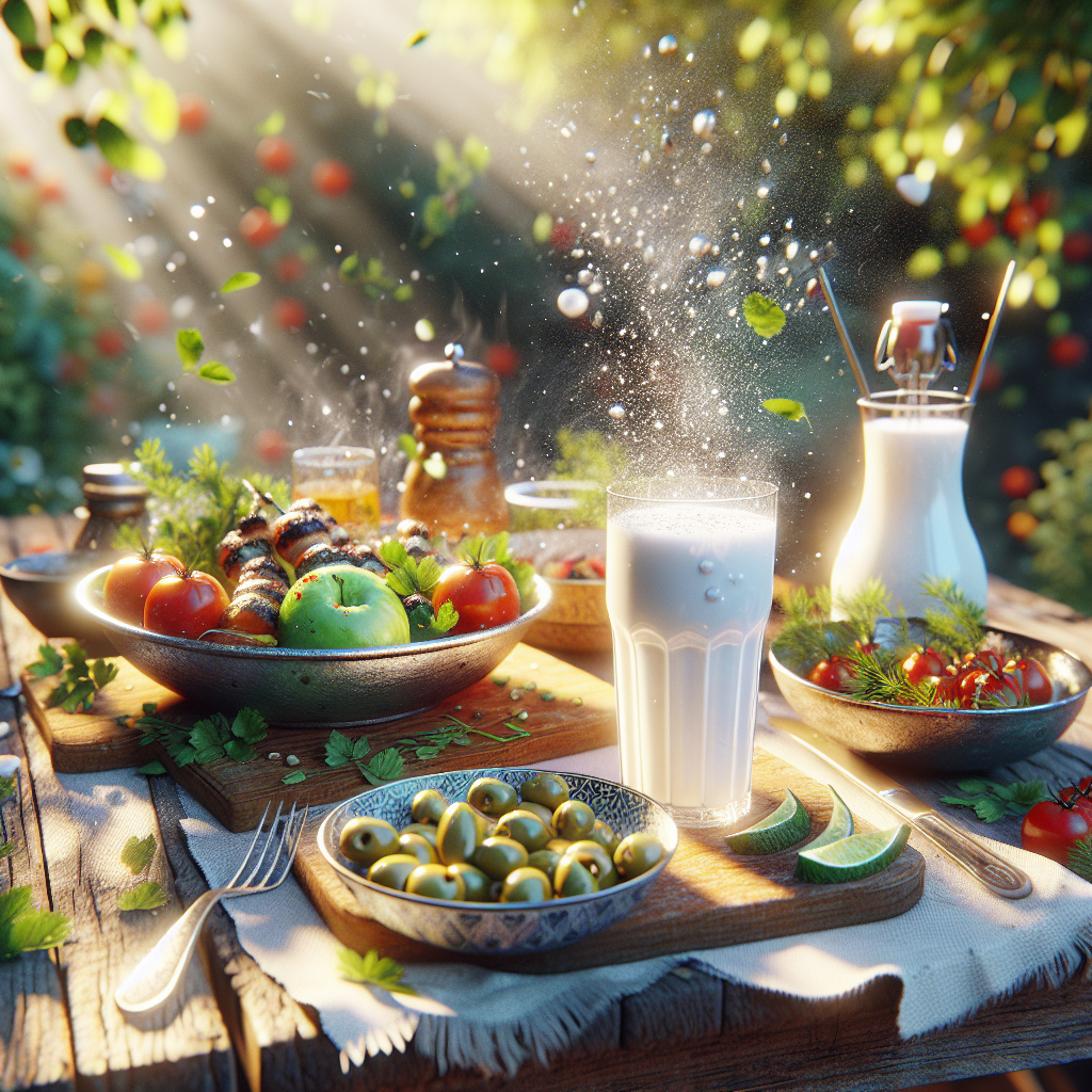 Chilled Melis ayran in a glass beside olives and grilled vegetables on a rustic table with natural light