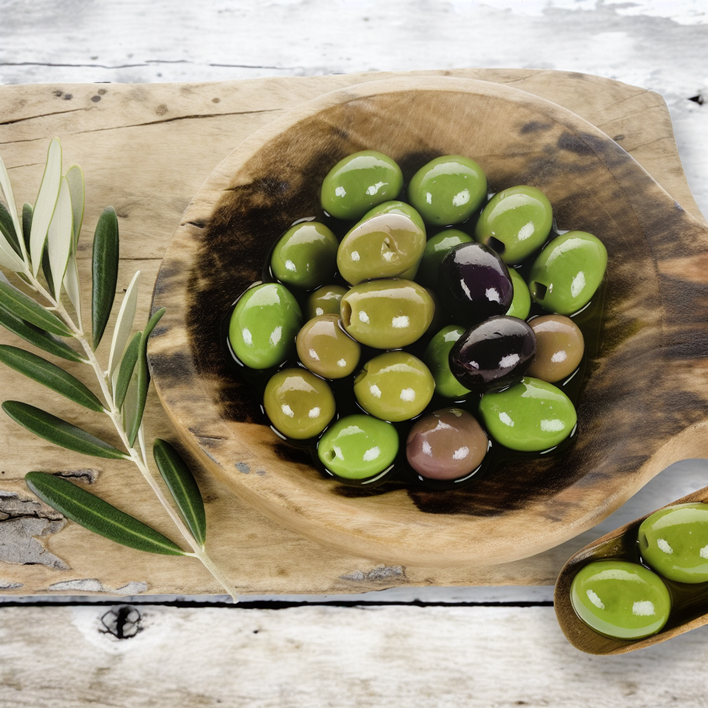 a bowl full of green and black olives