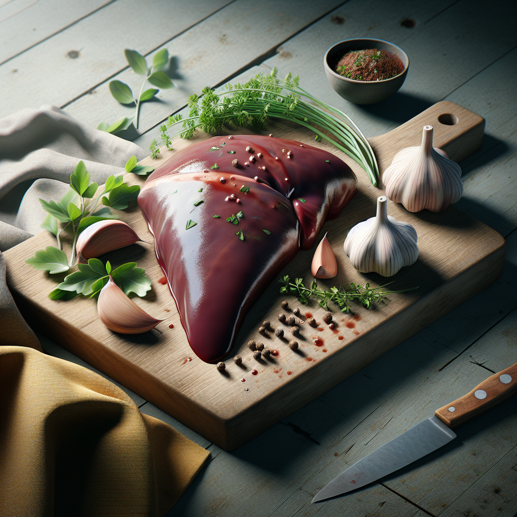 Raw halal beef liver on a wooden board with herbs and garlic, showing rich red colour and fresh texture