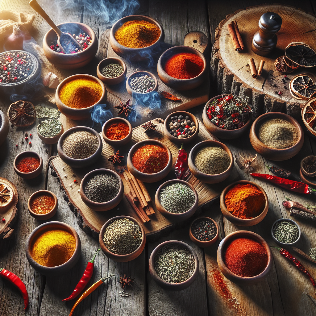 Photorealistic display of assorted BBQ spices and seasonings in ceramic bowls on a rustic wooden surface, showing rich colour and texture