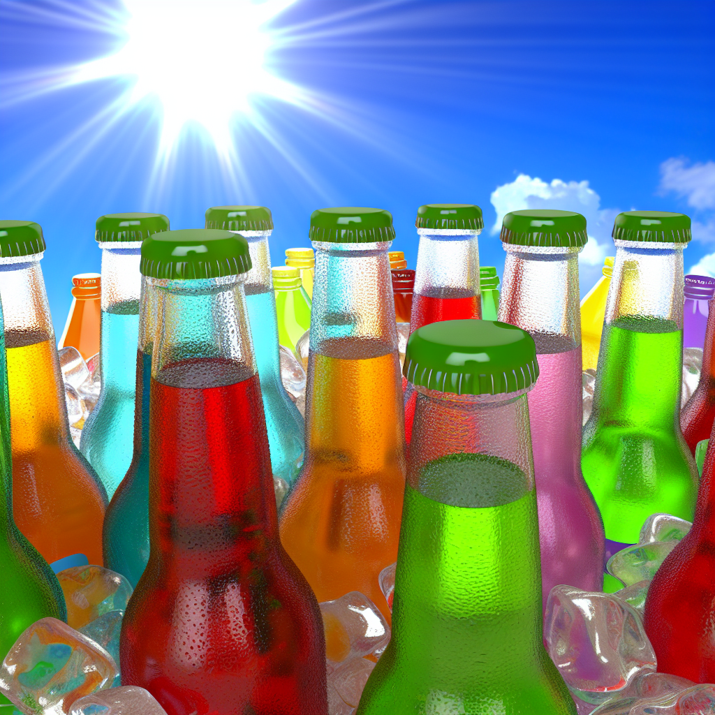 Colourful glass bottles of chilled fruit-flavoured Freez Drinks on ice in a UK summer setting