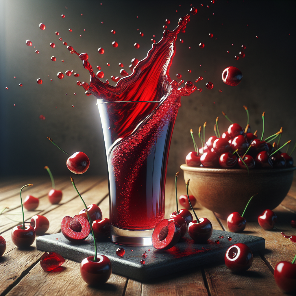 A glass of rich red sour cherry juice next to fresh cherries on a rustic wooden table with natural lighting