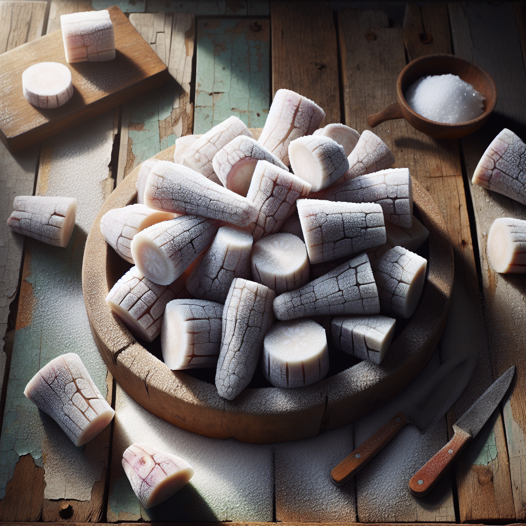 Frozen Colcasia pieces displayed on a wooden counter with natural frost and earthy tones