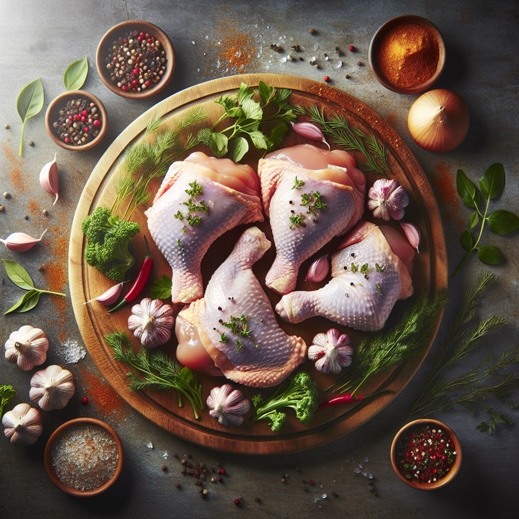 Fresh halal chicken thighs and legs displayed on a wooden board with herbs and spices, showing texture and colour in natural light