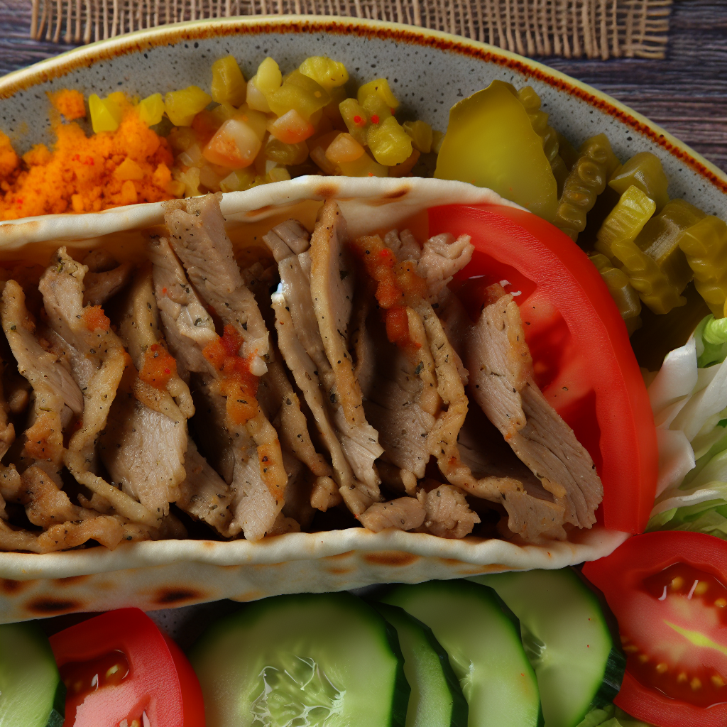 Shawarma wrap with grilled meat, fresh vegetables, garlic sauce and pickles on a rustic wooden table