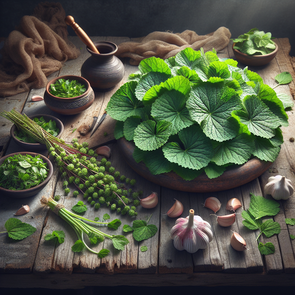 Fresh green molokhia leaves on a wooden surface beside garlic and herbs, showcasing vibrant colour and texture