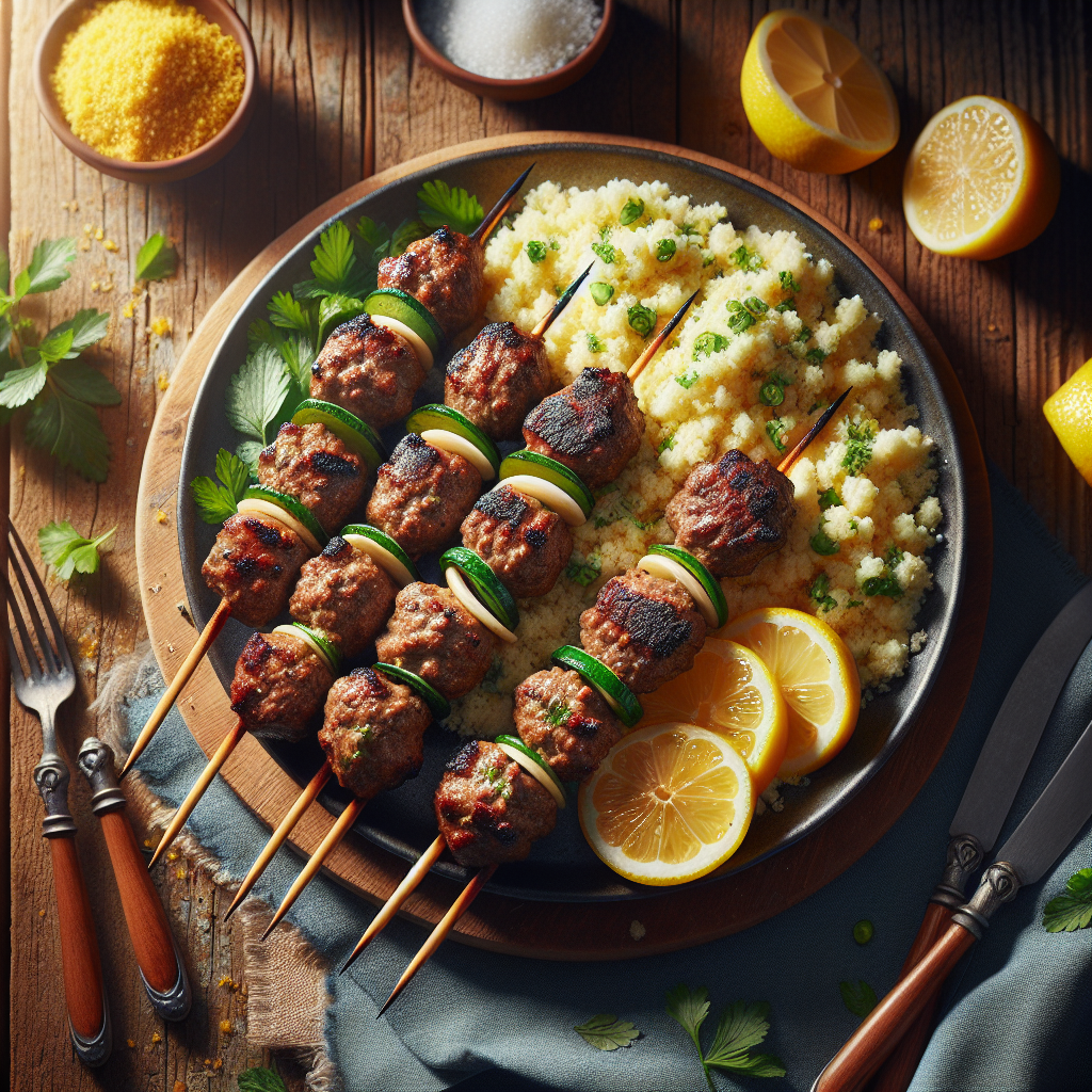 Grilled halal lamb koftas with vibrant herbs and lemon, served on wooden platter with couscous, showing rich colour and juicy texture