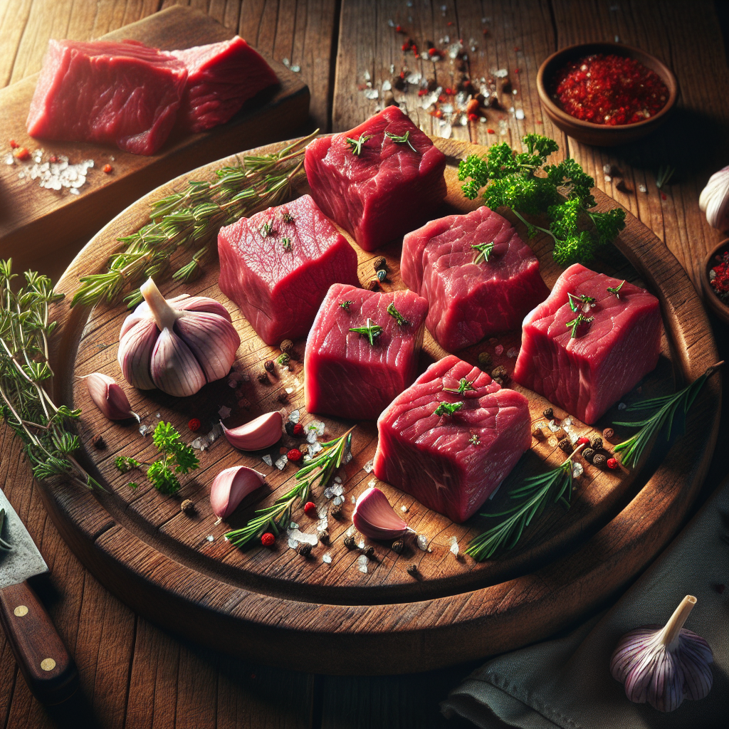 Fresh raw beef cubes on a wooden board with herbs and garlic, showing vibrant red colour and marbling