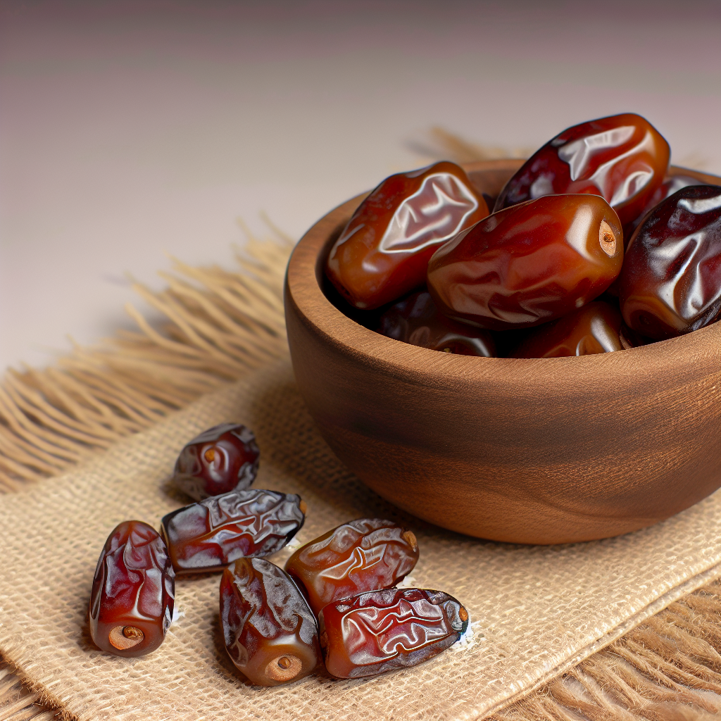 A rustic bowl filled with rich, glossy Medjoul dates showcasing their deep colour and natural texture on a wooden surface