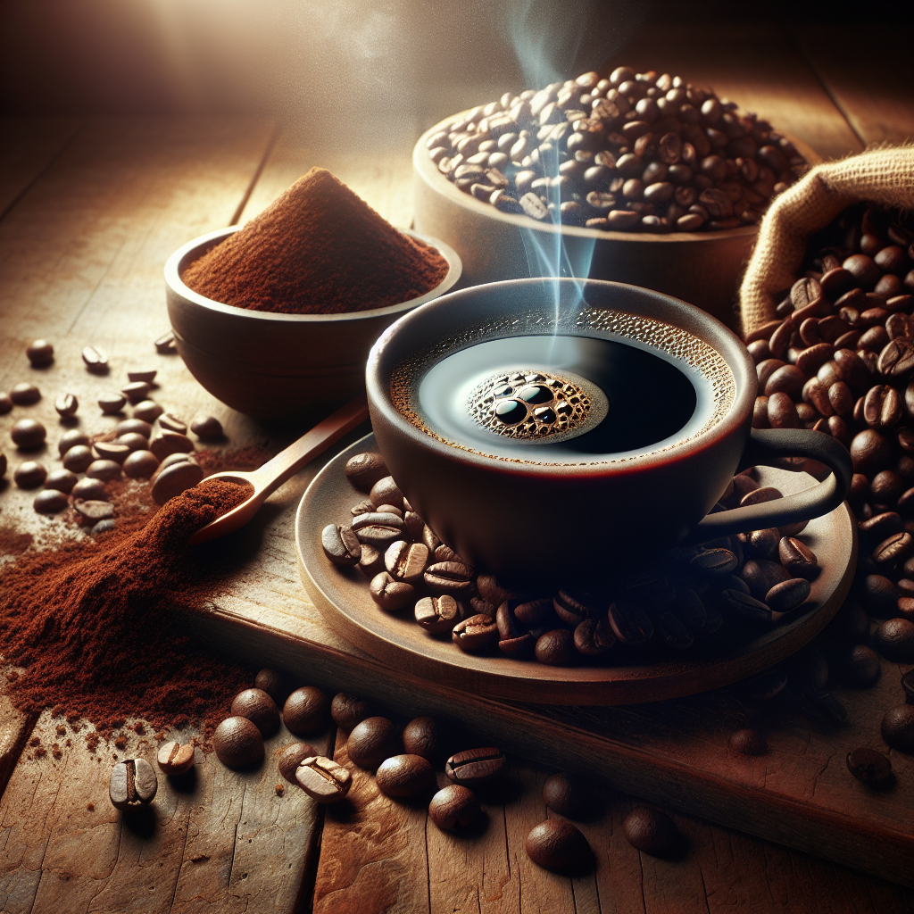 A cup of black coffee beside roasted beans and ground coffee on a wooden table with rich colour and natural texture